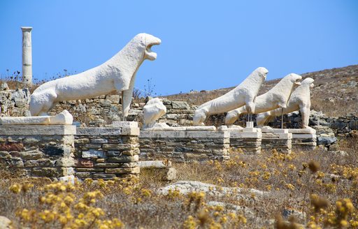 Delos ancient ruins on nearby island close to Mykonos, Greece