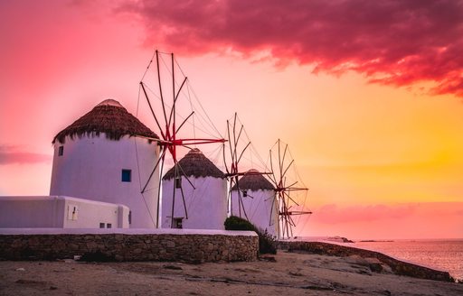 Windmills in Mykonos at sunset, Greece