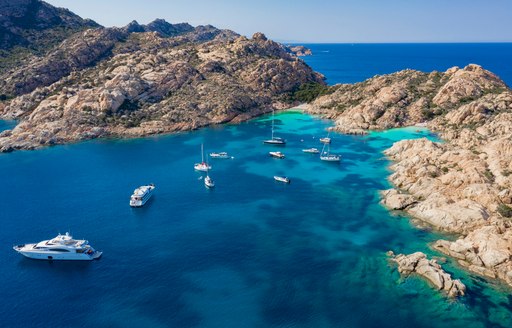 Aerial image of Cala Coticcio Beach in Caprera Island in Costa Smeralda, Sardinia.